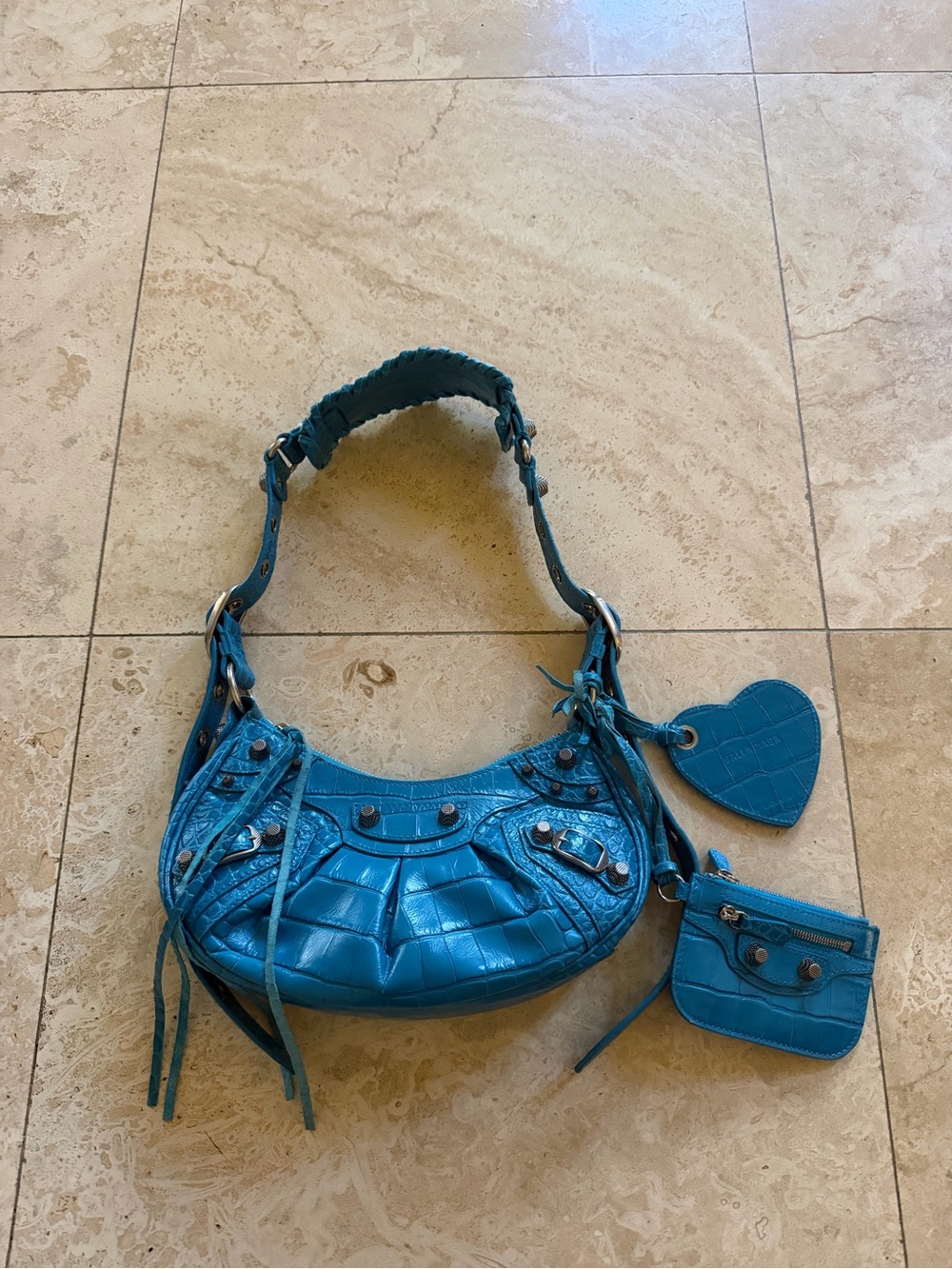 Balenciaga Blue Le Cagole XS Croc-Embossed Shoulder Bag with Heart Tag